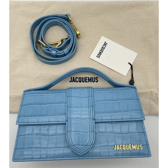 NEW JACQUEMUS LE GRAND BAMBINO CROC LEATHER CROSSBODY BLUE TOTE BAG PURSE NWT - Picture 6 of 14